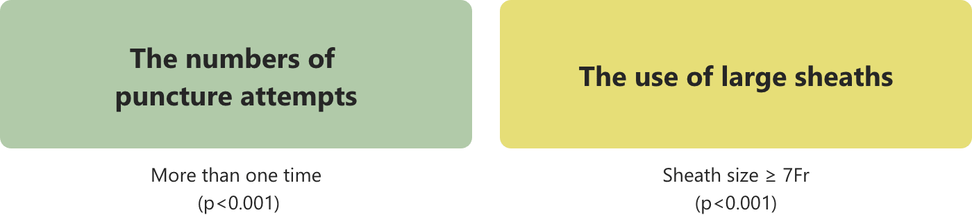 The numbers of puncture attempts (more than one time p less than 0.001)). The use of large sheaths (sheath size greater than or equal to 7Fr (p less than 0.001))
